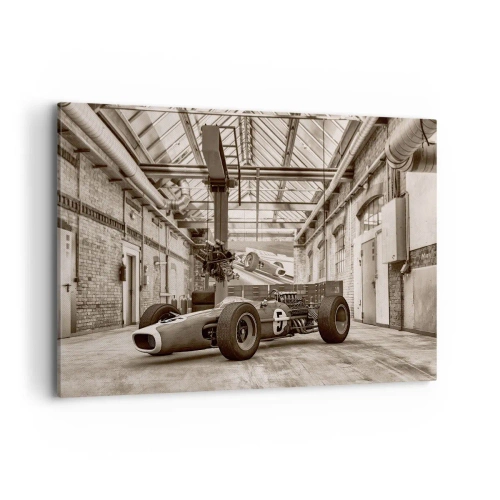 Impression sur toile - Image sur toile - Voiture de course noire et blanche dans un intérieur industriel - 120x80cm - Le repos du guerrier - Décoration murale moderne pour le salon et la chambre ARTTOR