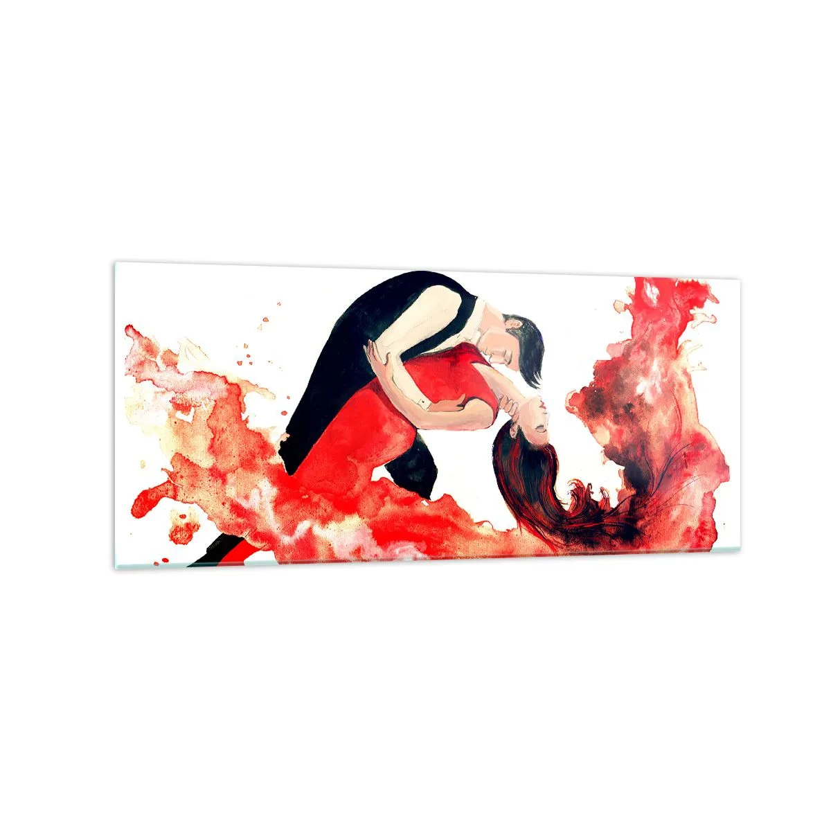 Impression sur verre - Image sur verre - Une aquarelle dynamique d'un couple dansant aux couleurs rouges. - 120x50cm - Tango - une vague sensuelle - Décoration murale moderne pour le salon et la chambre ARTTOR