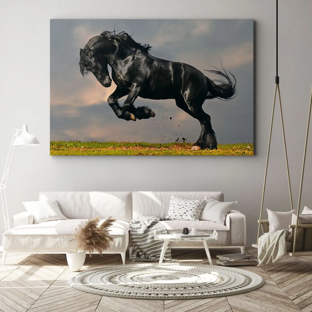 Impression sur toile - Image sur toile - Un cheval noir dans un saut dynamique contre le ciel - 70x50cm - Beau et libre - Décoration murale moderne pour le salon et la chambre ARTTOR