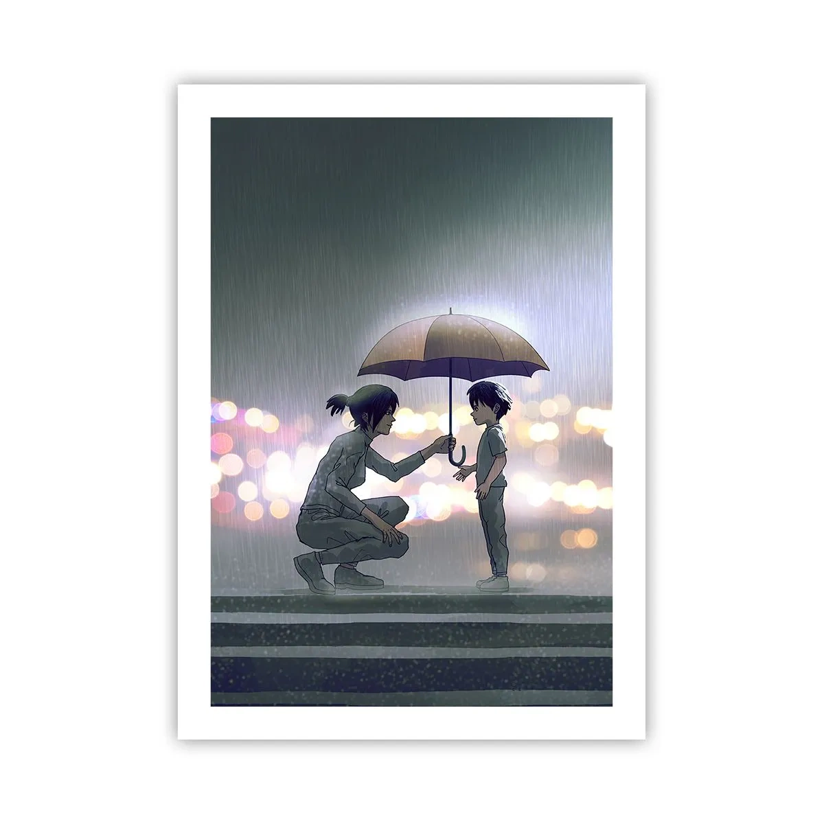 Affiche - Poster - Un adulte tendant un parapluie à un enfant sur fond pluvieux - 50x70cm - Et maintenant, tout va bien - Décoration murale moderne pour le salon et la chambre ARTTOR