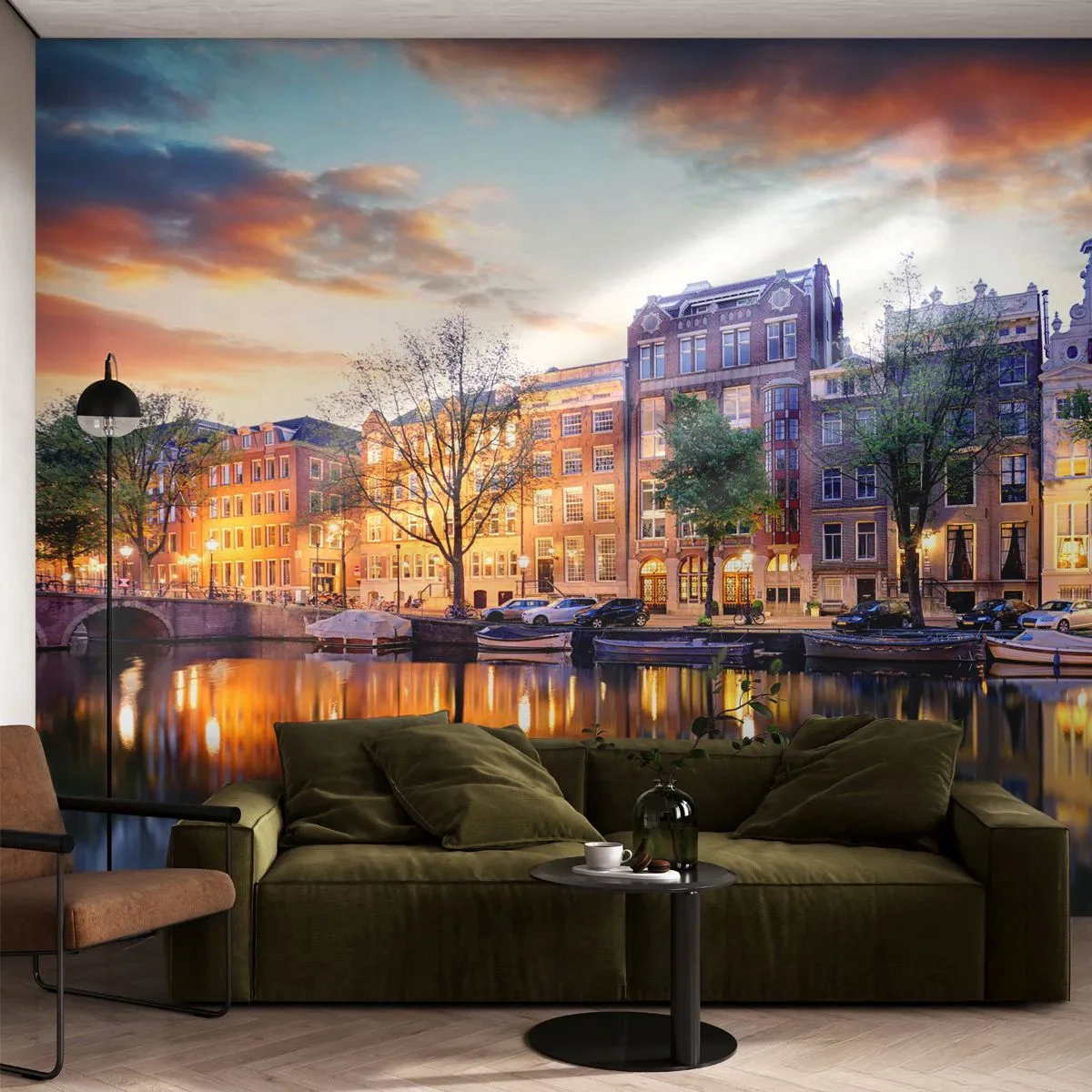 Papier Peint Photo Premium Canvas - Canal avec reflet des immeubles d'habitation dans la lumière du soir - 100x70cm - Beauté hollandaise sobre et sereine - Décoration murale moderne pour le salon et la chambre ARTTOR