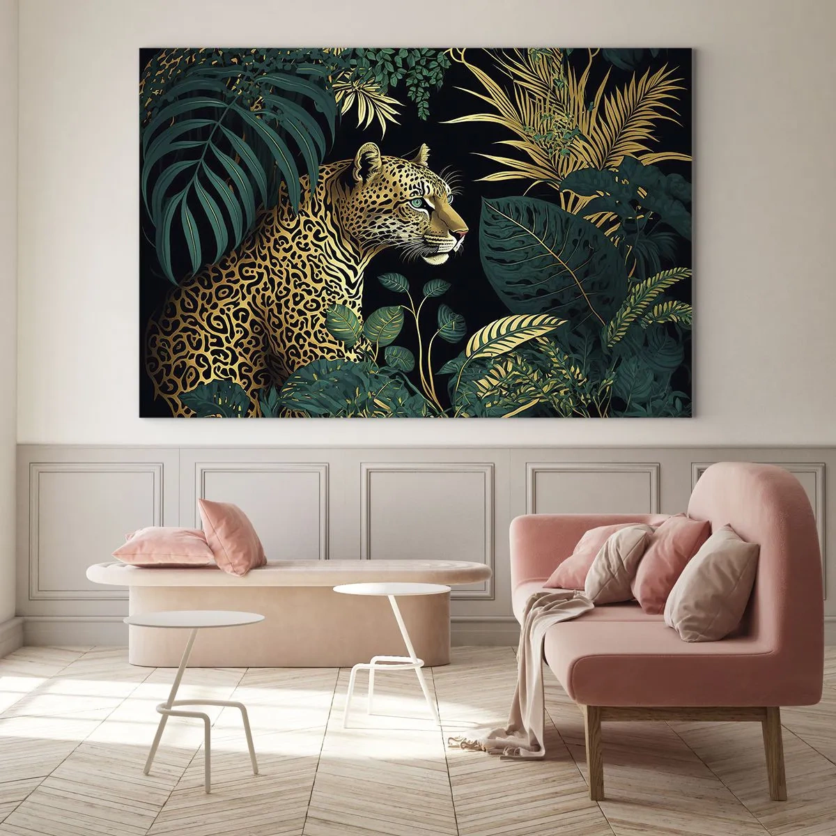 Impression sur verre - Image sur verre - Un léopard parmi des feuilles tropicales sur un fond sombre - 120x80cm - Un hôte dans la jungle - Décoration murale moderne pour le salon et la chambre ARTTOR