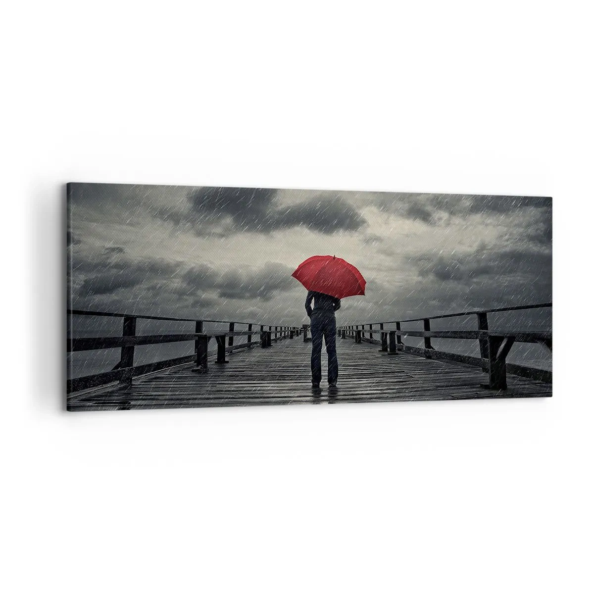 Impression sur toile - Image sur toile - Une personne avec un parapluie rouge sur une jetée pluvieuse - 120x50cm - Peu importe qu'il pleuve - Décoration murale moderne pour le salon et la chambre ARTTOR