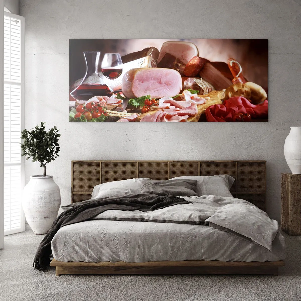 Impression sur verre - Image sur verre - Charcuterie au vin sur fond rustique - 160x50cm - Un rêve culinaire avec une carafe - Décoration murale moderne pour le salon et la chambre ARTTOR