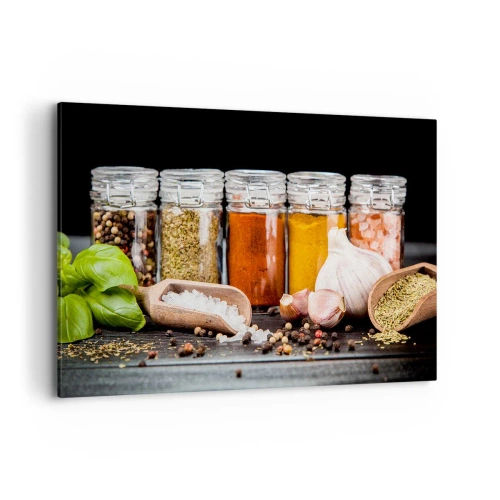 Impression sur toile - Image sur toile - Herbes et épices dans des bocaux en verre sur fond sombre - 120x80cm - Pour que la vie ait du goût - Décoration murale moderne pour le salon et la chambre ARTTOR