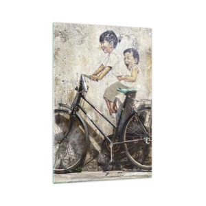 Impression sur verre - Image sur verre - Street art avec un vélo et des dessins d'enfants sur le mur - 70x100cm - Vrai ou faux? - Décoration murale moderne pour le salon et la chambre ARTTOR