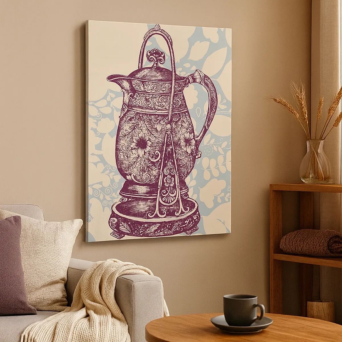 Impression sur toile - Image sur toile - Cruche stylisée avec ornements sur fond floral - 50x70cm - La beauté du quotidien - Décoration murale moderne pour le salon et la chambre ARTTOR