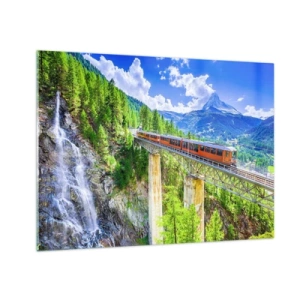 Impression sur verre - Image sur verre - Train alpin sur un pont surplombant une cascade - 70x50cm - Train dans les Alpes - Décoration murale moderne pour le salon et la chambre ARTTOR