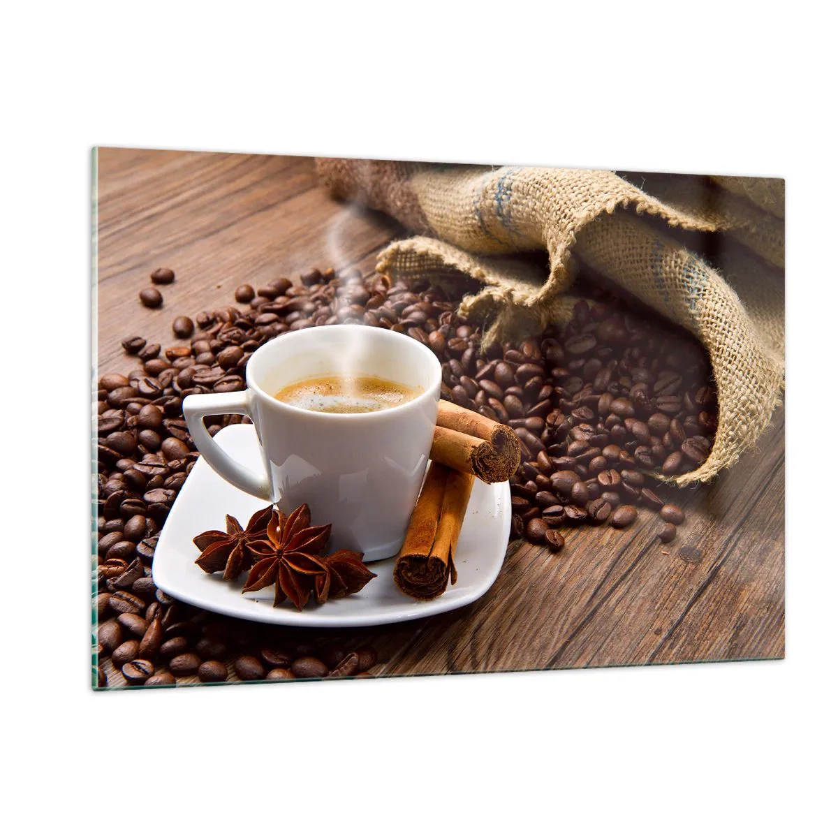 Impression sur verre - Image sur verre - Une tasse de café avec de la cannelle et des grains de café sur une table en bois - 120x80cm - Saveur et arôme épicés - Décoration murale moderne pour le salon et la chambre ARTTOR
