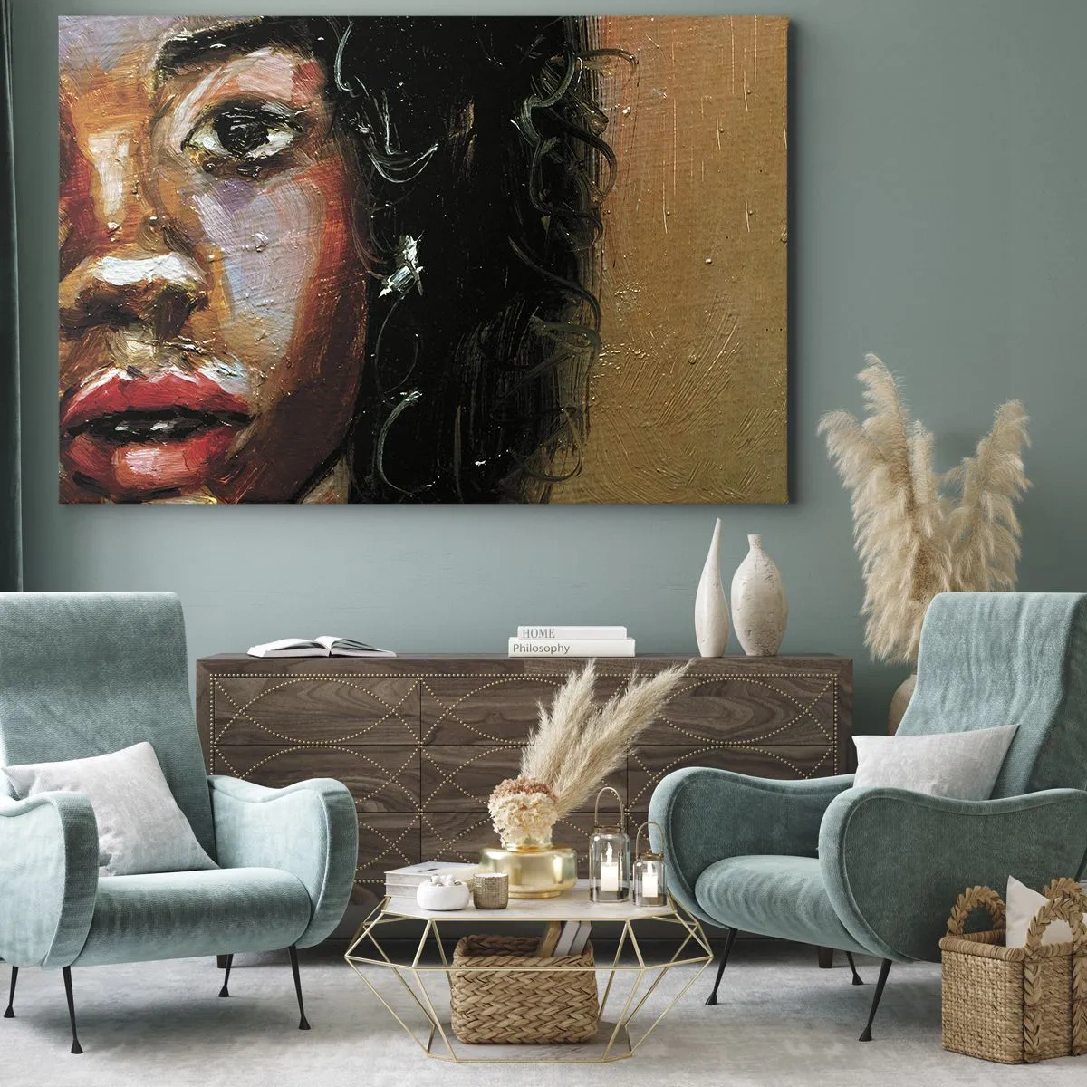 Impression sur toile - Image sur toile - Un portrait expressif d'une femme aux couleurs intenses. - 70x50cm - Noir et brillant - Décoration murale moderne pour le salon et la chambre ARTTOR
