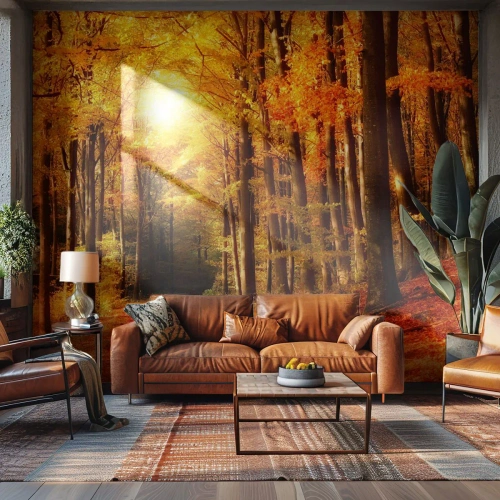Papier Peint Photo Premium Canvas - Forêt d'automne avec les rayons du soleil qui brillent à travers les arbres - 100x70cm - Automne doré sur une route forestière - Décoration murale moderne pour le salon et la chambre ARTTOR