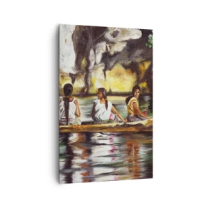Impression sur toile - Image sur toile - Femmes dans un bateau sur une rivière calme avec un arrière-plan pittoresque - 80x120cm - Dans un paradis polynésien - Décoration murale moderne pour le salon et la chambre ARTTOR