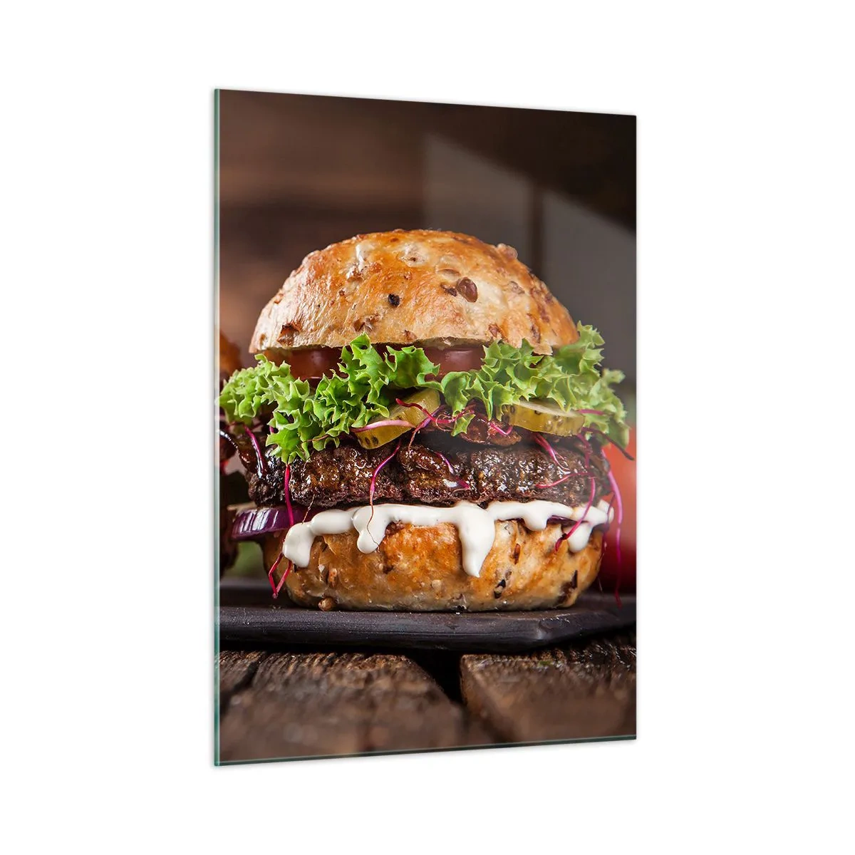 Impression sur verre - Image sur verre - Burgers appétissants avec légumes et sauce - 50x70cm - American dream - Décoration murale moderne pour le salon et la chambre ARTTOR