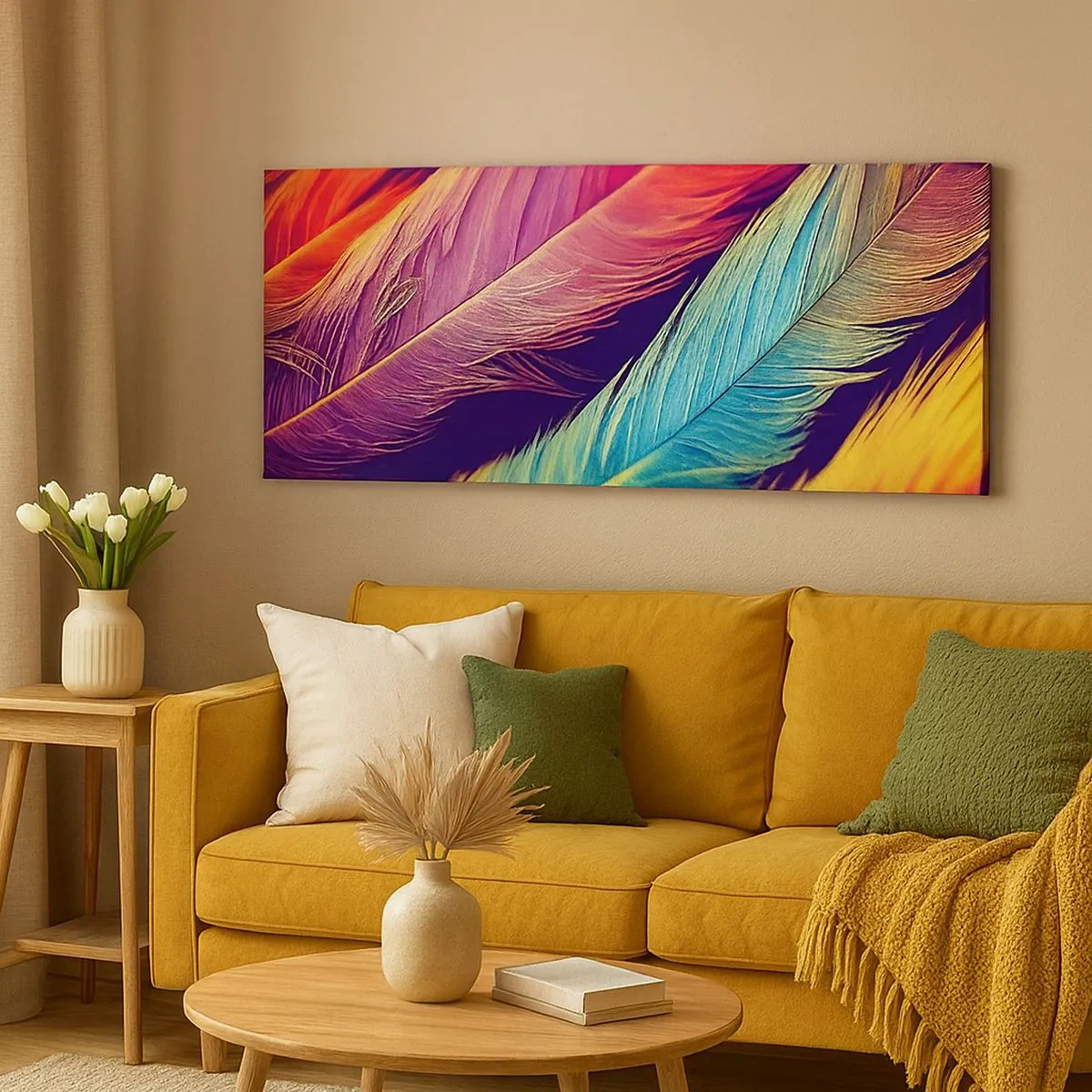 Impression sur toile - Image sur toile - Arc-en-ciel de plumes - 100x40 cm