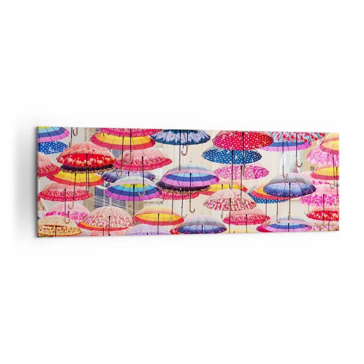Impression sur toile - Image sur toile - Parapluies colorés suspendus dans les airs - 160x50cm - Prairie de la ville - Décoration murale moderne pour le salon et la chambre ARTTOR