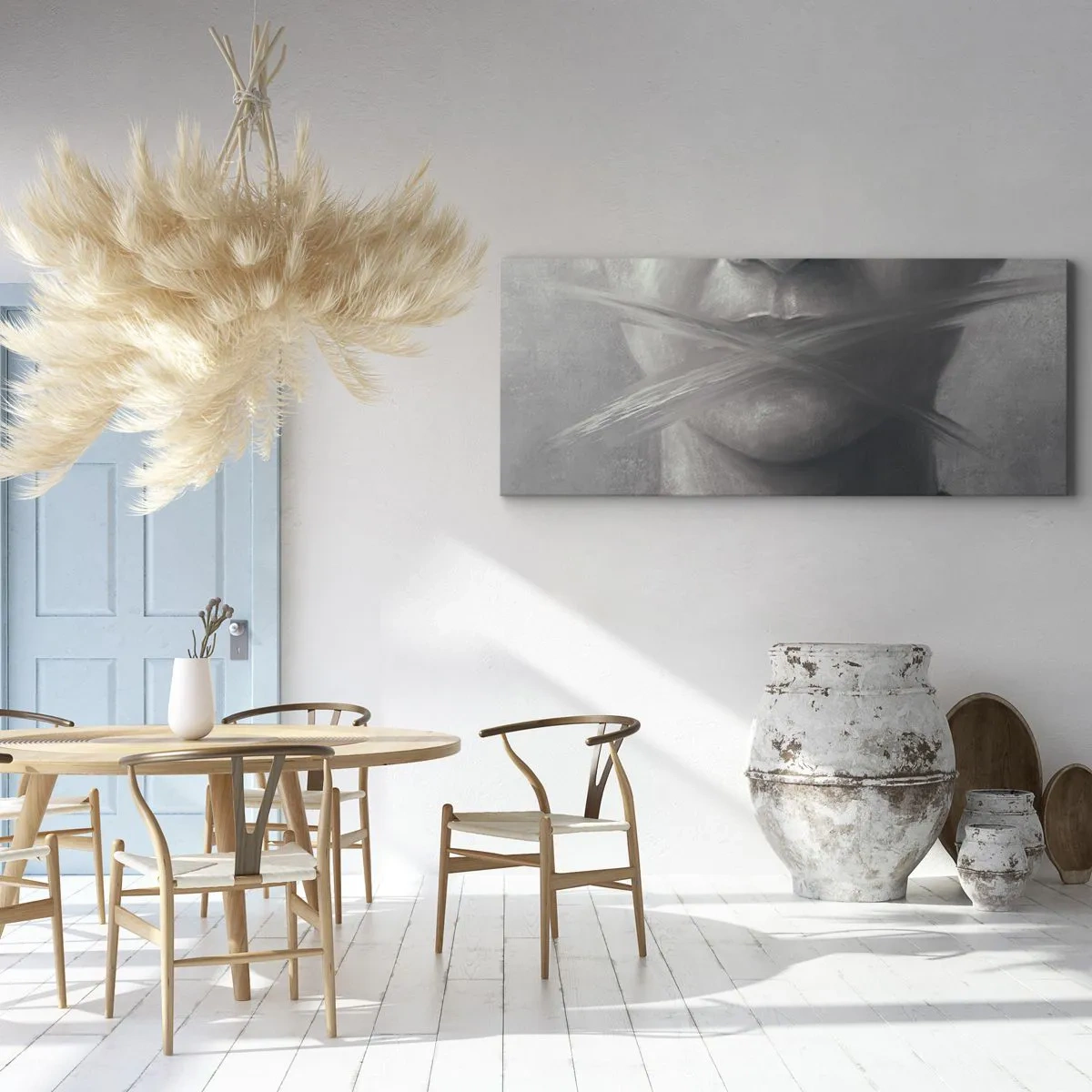 Impression sur toile - Image sur toile - Un portrait symbolique aux lèvres floues dans des tons gris. - 160x50cm - Sans mot - Décoration murale moderne pour le salon et la chambre ARTTOR