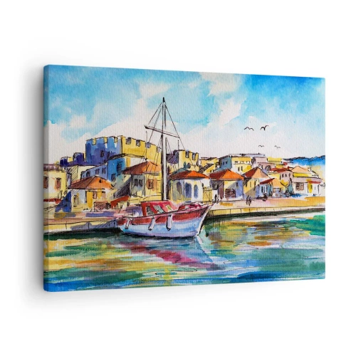 Impression sur toile - Image sur toile - Un port pittoresque avec un bateau et des bâtiments colorés - 70x50cm - Après-midi arc-en-ciel - Décoration murale moderne pour le salon et la chambre ARTTOR