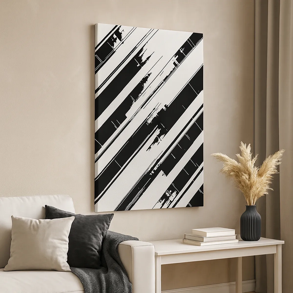 Impression sur toile - Image sur toile - Lignes noires et blanches et motifs géométriques dans un style moderne - 50x70cm - Une composition intense et dynamique - Décoration murale moderne pour le salon et la chambre ARTTOR