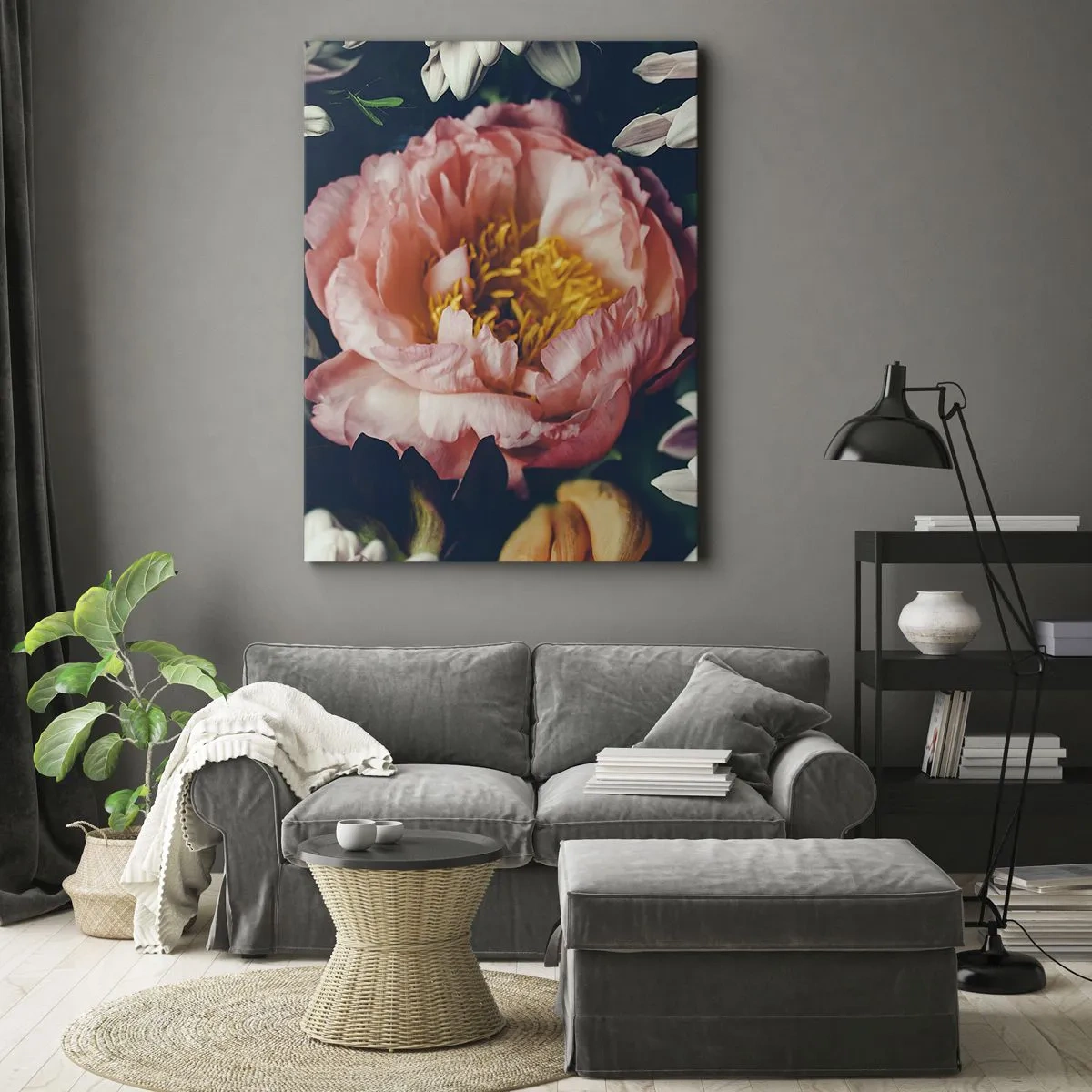 Impression sur toile - Image sur toile - Composition florale avec pivoines et chrysanthèmes sur fond sombre - 80x120cm - Splendeur baroque - Décoration murale moderne pour le salon et la chambre ARTTOR