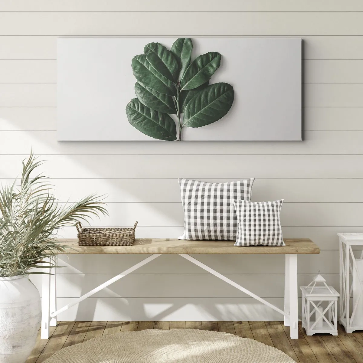 Impression sur toile - Image sur toile - Un brin de feuilles vertes sur un fond clair - 160x50cm - Dessin de la nature elle-même - Décoration murale moderne pour le salon et la chambre ARTTOR