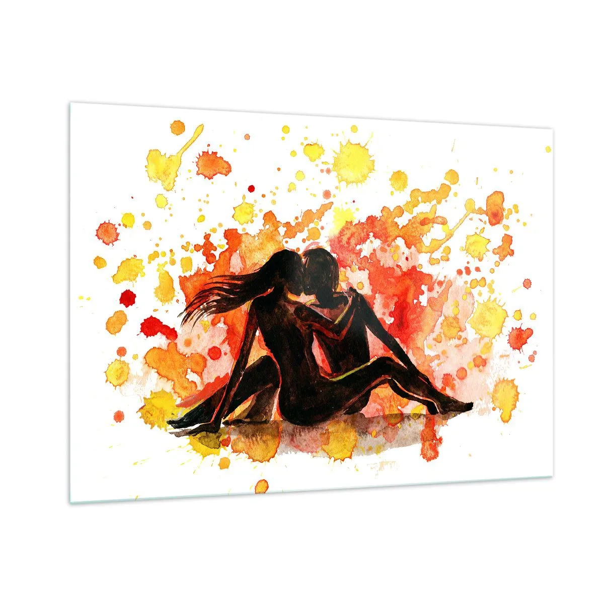 Impression sur verre - Image sur verre - Silhouette d'un couple sur un fond de taches d'aquarelle colorées - 100x70cm - Et la lumière fut - Décoration murale moderne pour le salon et la chambre ARTTOR