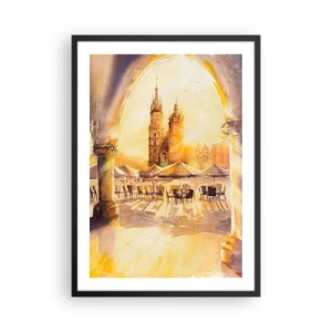 Affiche dans un cadre noir - Poster - Une aquarelle représentant la place du marché de Cracovie au coucher du soleil. - 50x70cm - À l'est, sur la place du marché de Cracovie - Décoration murale moderne pour le salon et la chambre ARTTOR