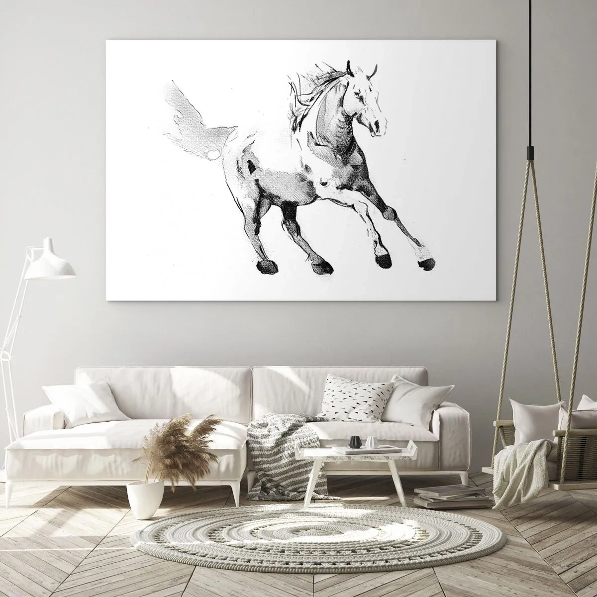 Impression sur verre - Image sur verre - Croquis noir et blanc d'un cheval au galop sur fond blanc - 70x50cm - Âme indomptée - Décoration murale moderne pour le salon et la chambre ARTTOR
