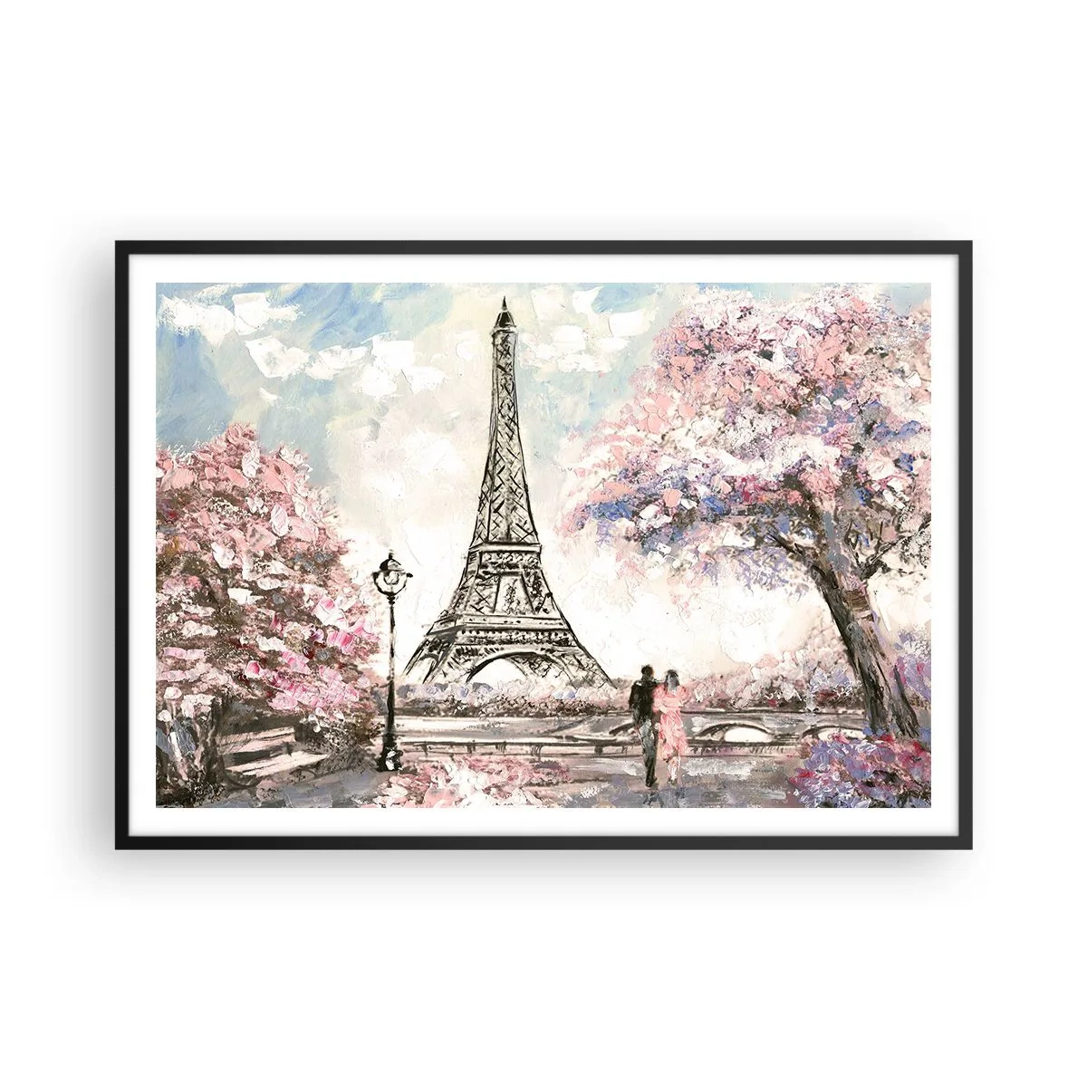 Affiche dans un cadre noir - Poster - La Tour Eiffel entourée d'arbres en fleurs - 100x70cm - Balade d'avril à Paris - Décoration murale moderne pour le salon et la chambre ARTTOR