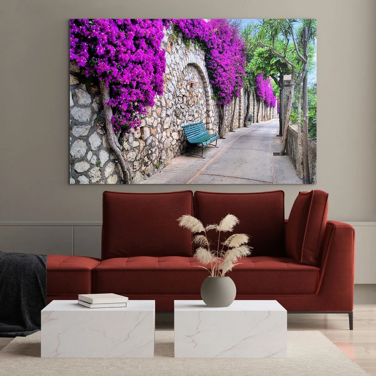 Impression sur verre - Image sur verre - Un mur de pierre avec des fleurs violettes et un banc le long du chemin - 120x80cm - Rencontrons-nous au plus vite - Décoration murale moderne pour le salon et la chambre ARTTOR