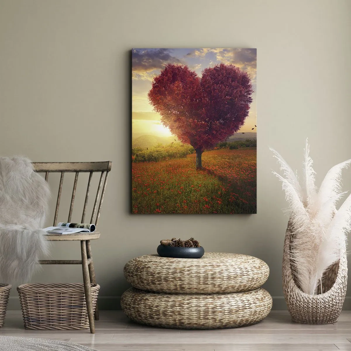 Impression sur toile - Image sur toile - Arbre en forme de cœur au coucher du soleil - 70x100cm - Touche le cœur - Décoration murale moderne pour le salon et la chambre ARTTOR