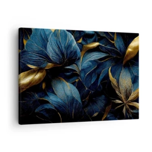 Impression sur toile - Image sur toile - Feuilles élégantes dans des tons dorés et bleu marine - 70x50cm - Des dessous dorés - Décoration murale moderne pour le salon et la chambre ARTTOR