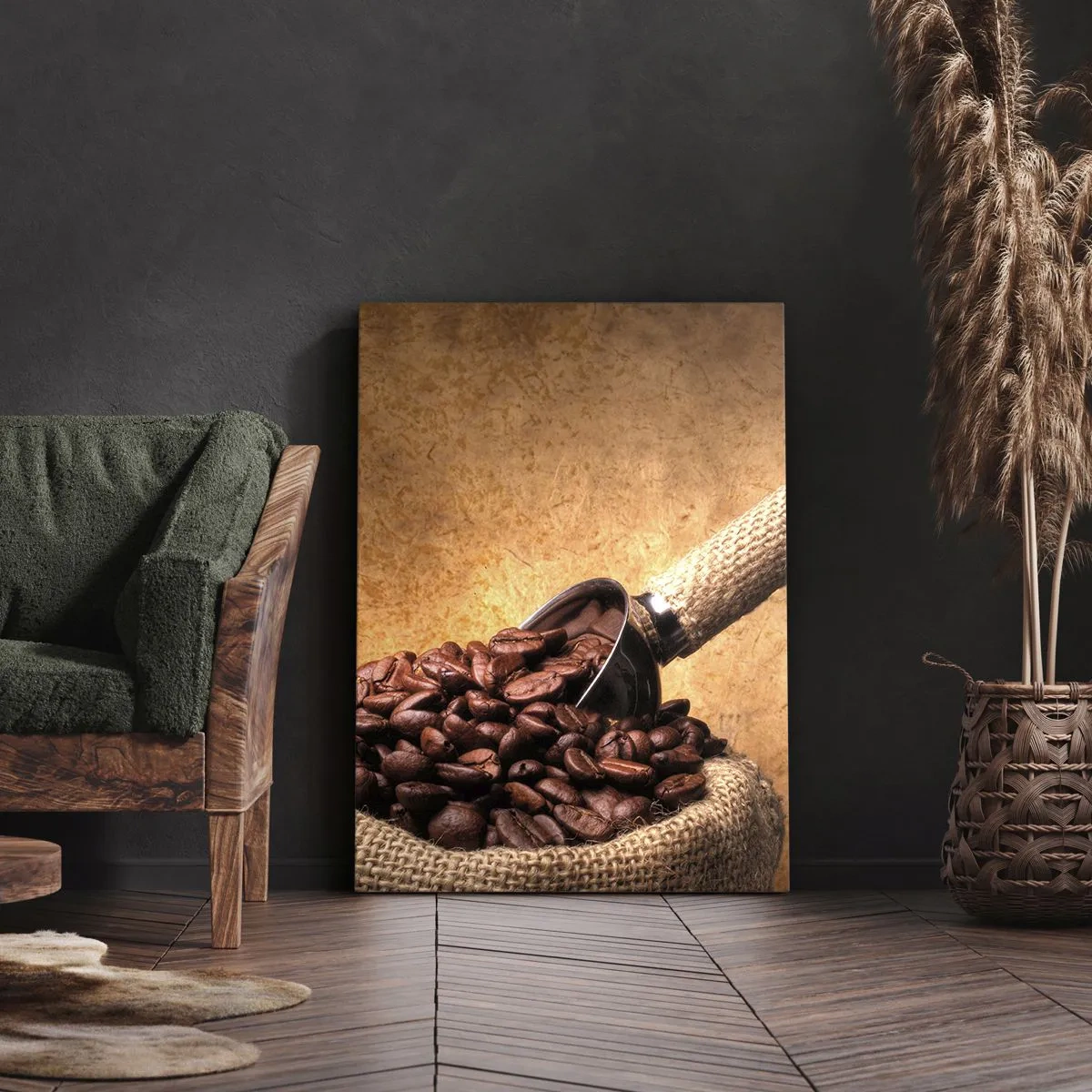 Impression sur toile - Image sur toile - Grains de café dans un sac en jute avec une cuillère en métal - 50x70cm - A la source de la saveur - Décoration murale moderne pour le salon et la chambre ARTTOR