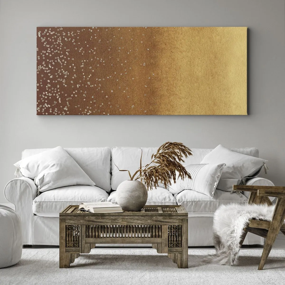 Impression sur toile - Image sur toile - Un dégradé doré avec des reflets et des embellissements subtils - 120x50cm - Origine du monde - Décoration murale moderne pour le salon et la chambre ARTTOR