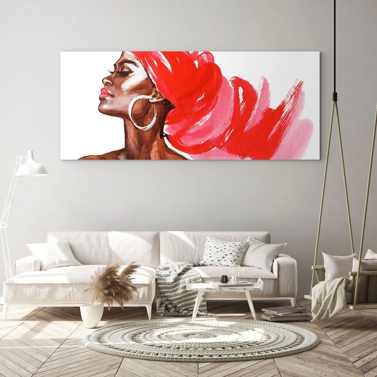 Impression sur verre - Image sur verre - Profil d'une femme avec un turban rouge et des boucles d'oreilles - 140x50cm - "Les cheveux dans le vent" - Décoration murale moderne pour le salon et la chambre ARTTOR