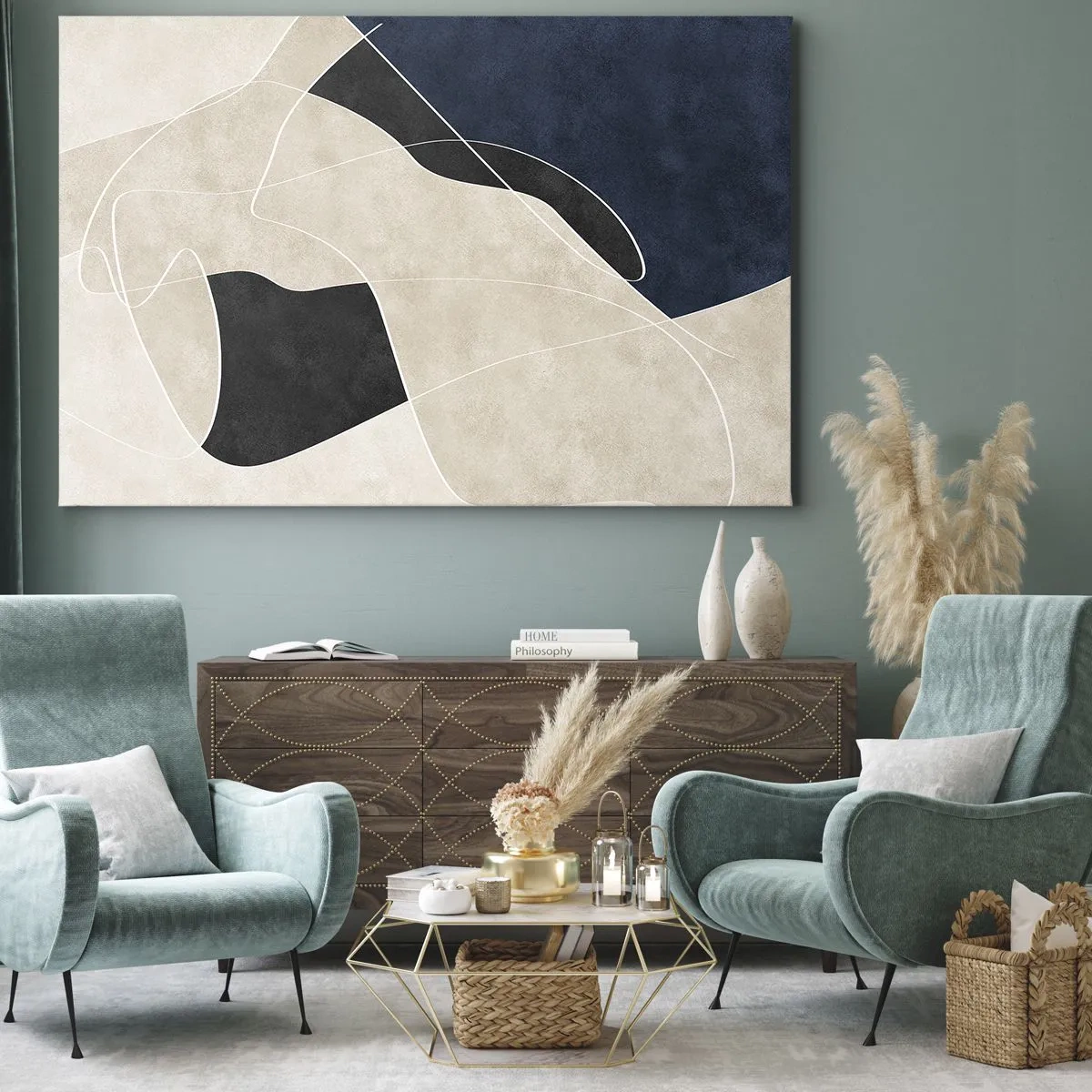 Impression sur toile - Image sur toile - Abstraction géométrique dans les tons beige et bleu marine - 120x80cm - Composition abstraite - contraste de couleurs - Décoration murale moderne pour le salon et la chambre ARTTOR