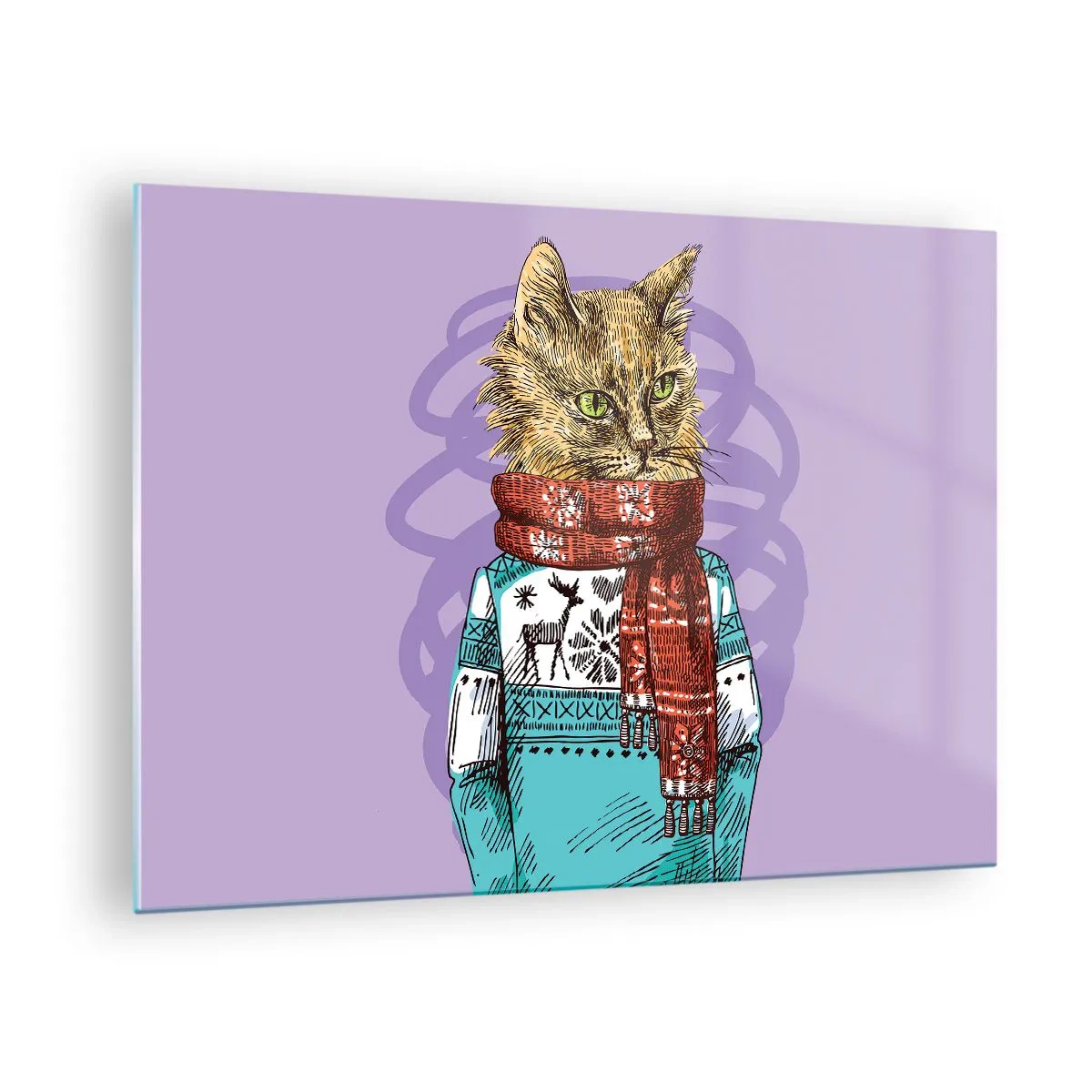 Impression sur verre - Image sur verre - Un chat en pull et écharpe sur fond violet - 70x50cm - Le chat, pas uniquement dans les chaussures - Décoration murale moderne pour le salon et la chambre ARTTOR