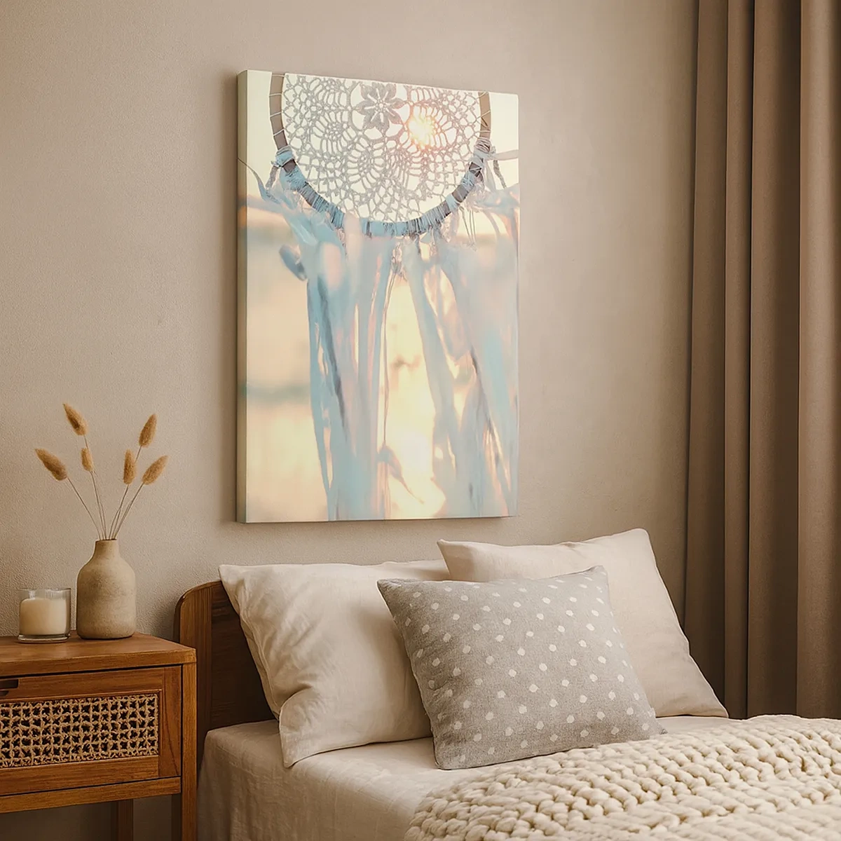 Impression sur toile - Image sur toile - Un attrape-rêves délicat sur fond de soleil couchant - 50x70cm - Totem en dentelle - Décoration murale moderne pour le salon et la chambre ARTTOR