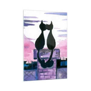 Impression sur verre - Image sur verre - Chats noirs sur un toit au clair de lune dans un décor aquarelle - 70x100cm - Rendez-vous sous la lune - Décoration murale moderne pour le salon et la chambre ARTTOR