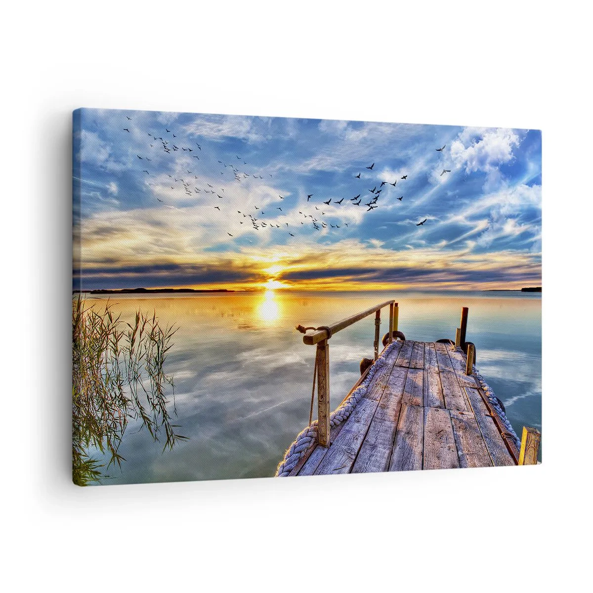 Impression sur toile - Image sur toile - Jetée en bois sur le lac au coucher du soleil - 70x50cm - Le vent se repose - Décoration murale moderne pour le salon et la chambre ARTTOR