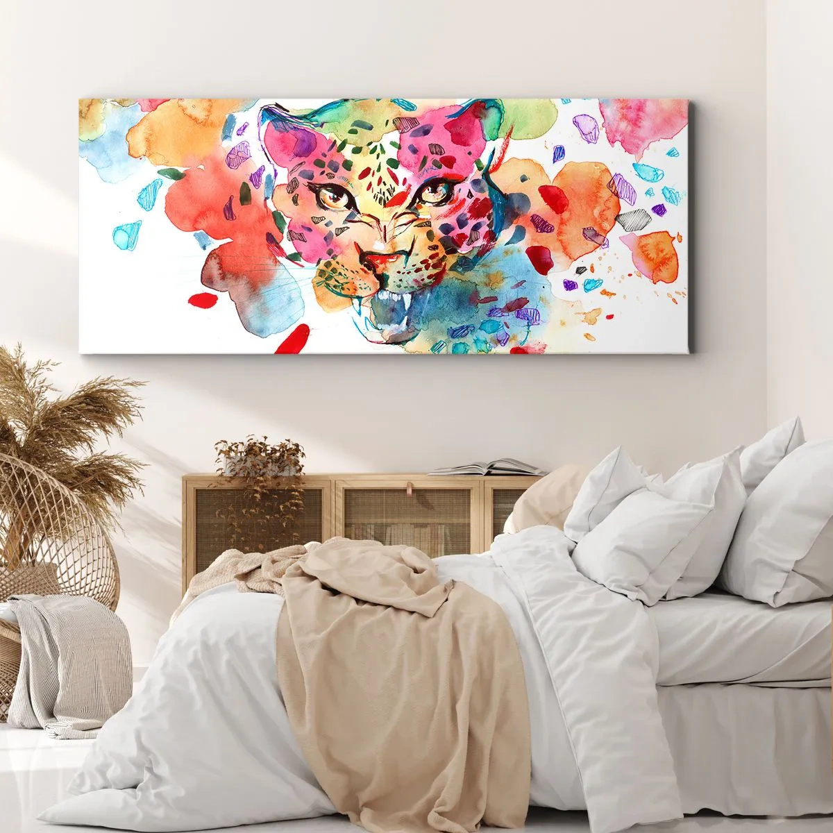 Impression sur toile - Image sur toile - Portrait abstrait d'un léopard aux couleurs intenses - 140x50cm - La belle et la Bête - Décoration murale moderne pour le salon et la chambre ARTTOR