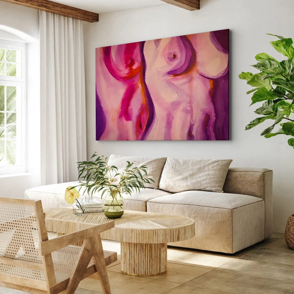 Impression sur toile - Image sur toile - Une interprétation abstraite de la silhouette féminine dans les tons roses et violets. - 70x50cm - Ode à la féminité - Décoration murale moderne pour le salon et la chambre ARTTOR