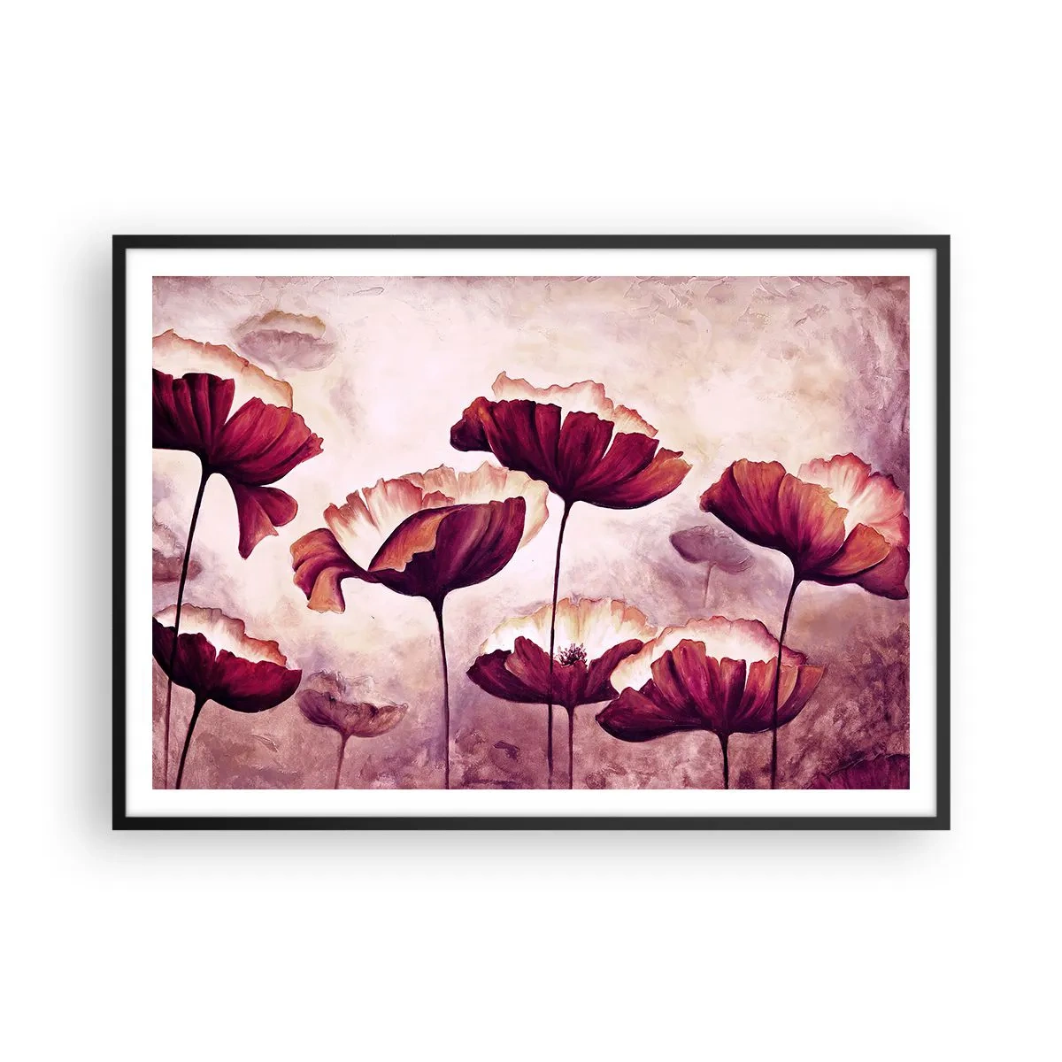 Affiche dans un cadre noir - Poster - Fleurs aux tons rouges et blancs sur un fond subtil - 100x70cm - Pétale rouge et blanc - Décoration murale moderne pour le salon et la chambre ARTTOR