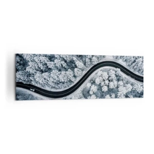 Impression sur toile - Image sur toile - Vue aérienne d'une route sinueuse dans une forêt hivernale - 160x50cm - À travers une forêt d'hiver - Décoration murale moderne pour le salon et la chambre ARTTOR