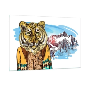 Impression sur verre - Image sur verre - Un tigre en gilet sur fond de paysage montagneux - 120x80cm - Pas aussi sauvage qu'ils le décrivent - Décoration murale moderne pour le salon et la chambre ARTTOR