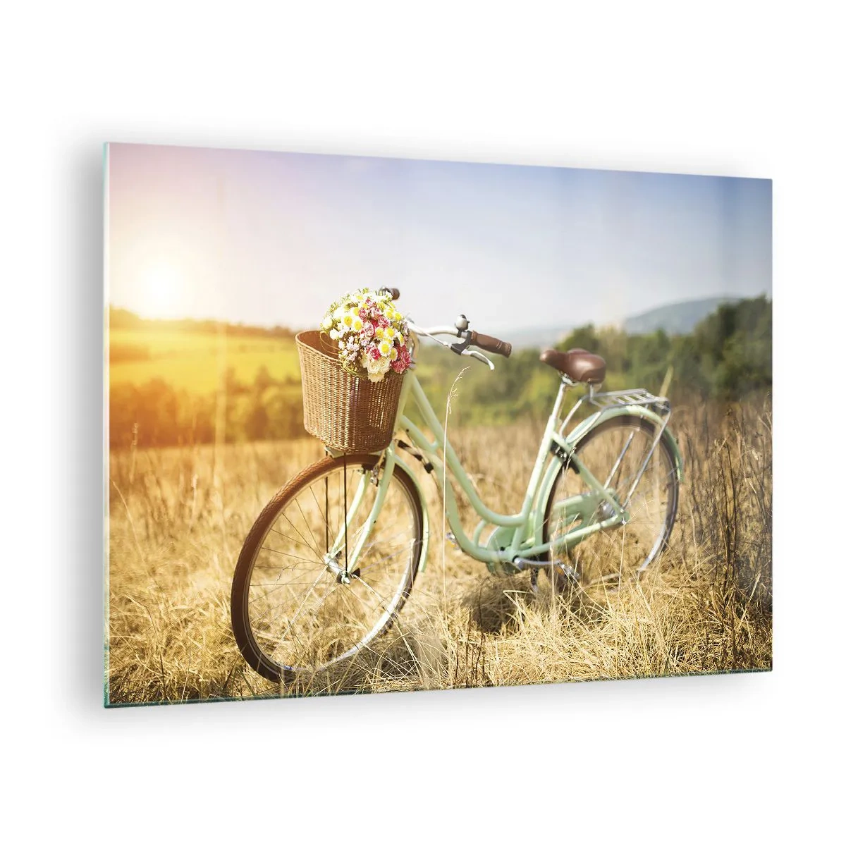 Impression sur verre - Image sur verre - Vélo rétro avec des fleurs sur fond naturel - 70x50cm - Je vais rester un petit moment - Décoration murale moderne pour le salon et la chambre ARTTOR