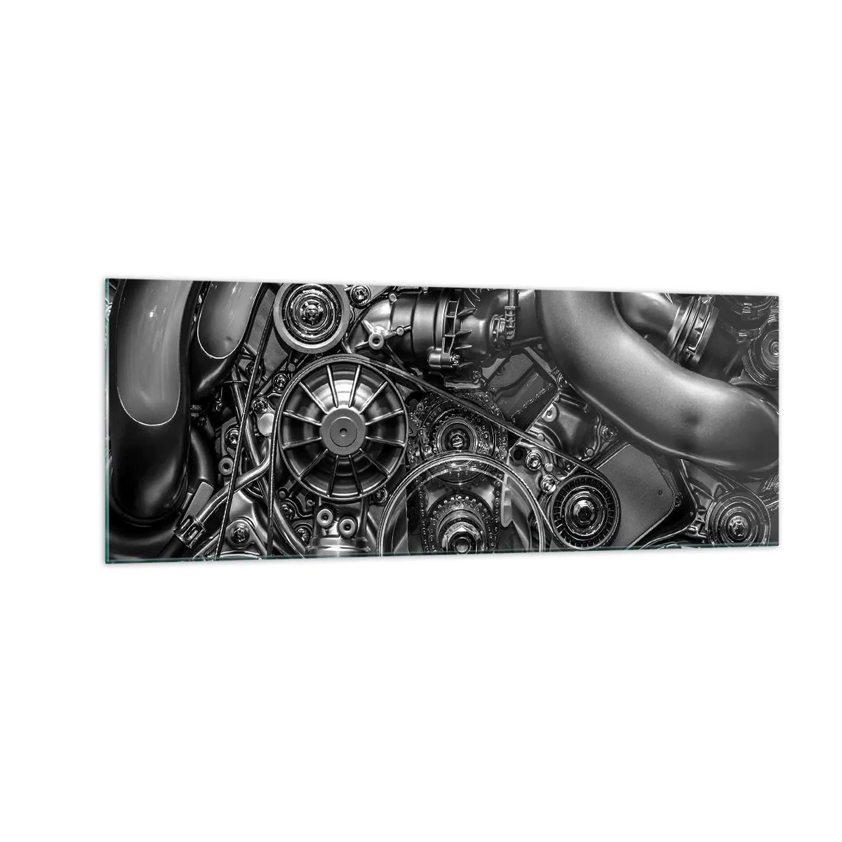 Impression sur verre - Image sur verre - Gros plan noir et blanc des détails mécaniques d'un moteur de voiture. - 140x50cm - Poésie mécanique - Décoration murale moderne pour le salon et la chambre ARTTOR