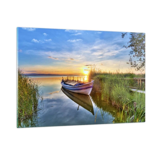 Impression sur verre - Image sur verre - Un bateau amarré au bord d'un lac au coucher du soleil - 120x80cm - La crique où les rêves deviennent réalité - Décoration murale moderne pour le salon et la chambre ARTTOR