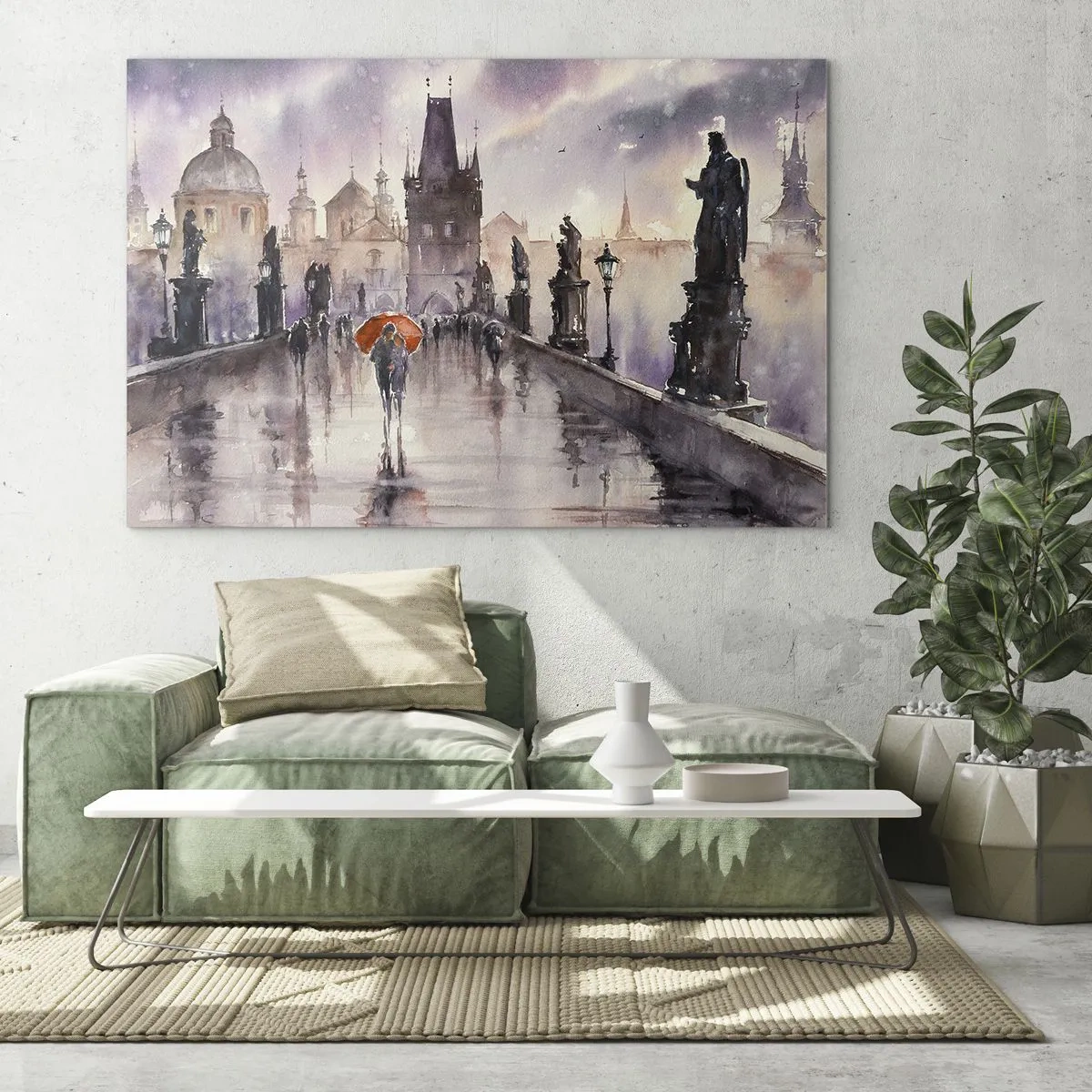 Impression sur verre - Image sur verre - Marcher sous la pluie sur un pont avec un parapluie orange - 120x80cm - Les gens ne changent pas - Décoration murale moderne pour le salon et la chambre ARTTOR