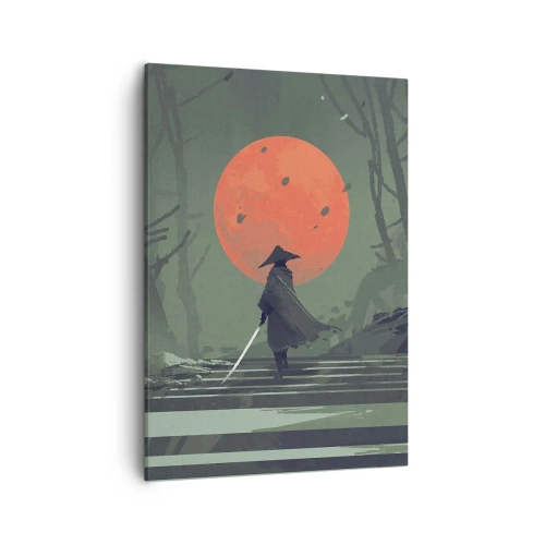 Impression sur toile - Image sur toile - Un guerrier solitaire avec une épée sur fond de lune rouge dans une forêt sombre. - 50x70cm - Guerrier de la lune rouge - Décoration murale moderne pour le salon et la chambre ARTTOR