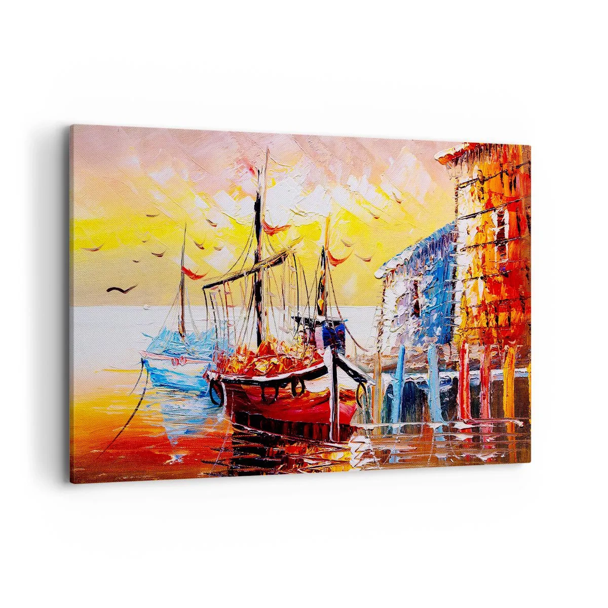 Impression sur toile - Image sur toile - Port pittoresque au coucher du soleil avec des bateaux de pêche - 120x80cm - Bon retour - Décoration murale moderne pour le salon et la chambre ARTTOR